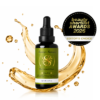 Facial oil bottle with green label and black dropper, gold oil splash behind; shows 'Beauty Shortlist Awards 2026 Editor's Choice' badge.