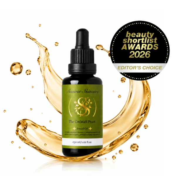 Facial oil bottle with green label and black dropper, gold oil splash behind; shows 'Beauty Shortlist Awards 2026 Editor's Choice' badge.