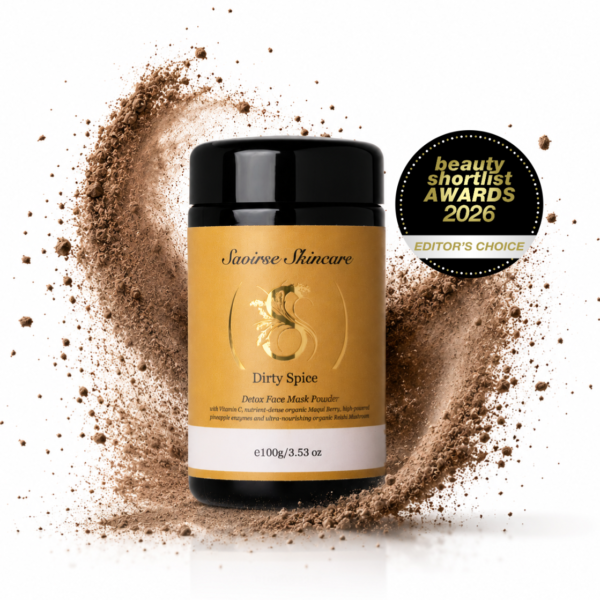 Saoirse Skincare Detox Face Mask Powder in a gold-labeled jar with a brown cosmetic powder splash and an Editor's Choice badge reading 2026.