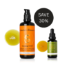 Skincare bottles with orange-labeled cleanser and a smaller green facial oil, plus yellow blobs and a black round 'SAVE 30%' discount badge.
