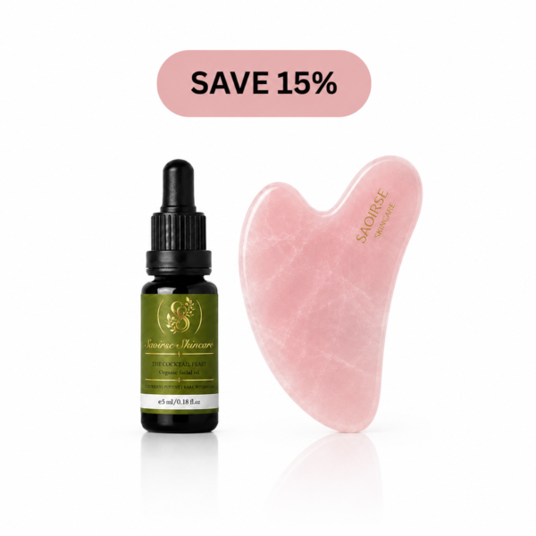 Saoirse Skincare facial oil bottle beside a pink heart-shaped gua sha tool with a 'SAVE 15%' promo label