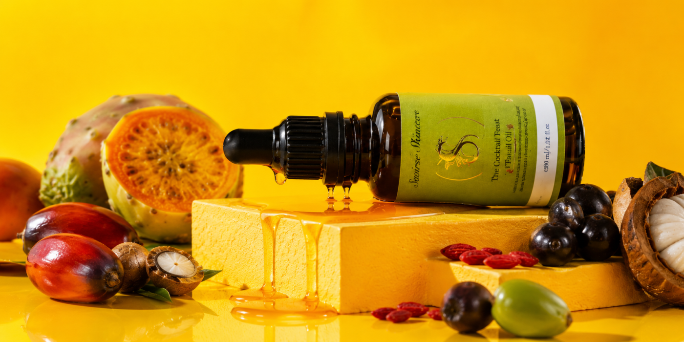 Dropper bottle of oil resting on a yellow block, dripping golden oil, surrounded by tropical fruits against a bright yellow background.