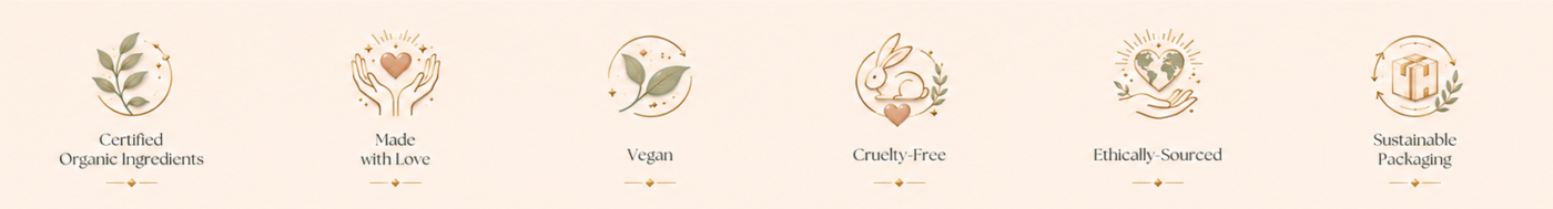 Row of six badges: Certified Organic Ingredients, Made with Love, Vegan, Cruelty-Free, Ethically-Sourced, Sustainable Packaging.