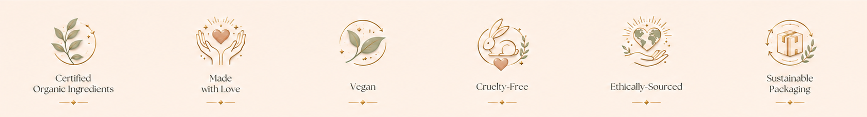 Row of six badges: Certified Organic Ingredients, Made with Love, Vegan, Cruelty-Free, Ethically-Sourced, Sustainable Packaging.