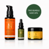 Saoirse Skincare trio: orange cleanser bottle, green serum dropper, yellow face mask jar with a green promo circle reading 'TRIO BUNDLE SAVE 20%'