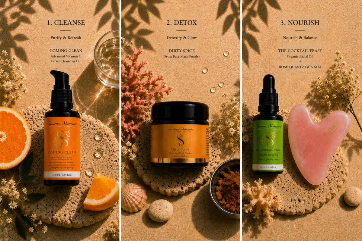 Triptych skincare promo: left orange-labeled Coming Clean cleanser with an orange slice, center jar of Dirty Spice detox powder, right The Cocktail Feast oil with a pink heart stone and greenery.