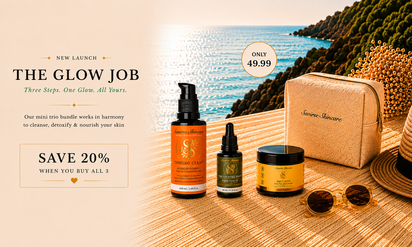 Promotional banner for Saoirse Skincare three‑step bundle on a sunlit beach, featuring orange pump oil, a dropper oil, and a cream jar with a beige bag nearby.
