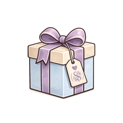 Gift box with a pale beige lid, light blue sides, and a purple ribbon and bow, tag attached.