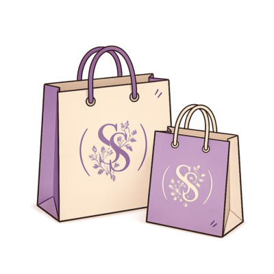 Two pastel shopping bags with a floral S logo, a large cream bag and a smaller purple bag, on a warm gradient background.