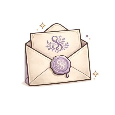 Open envelope with a purple wax seal and a letter inside, glowing softly.