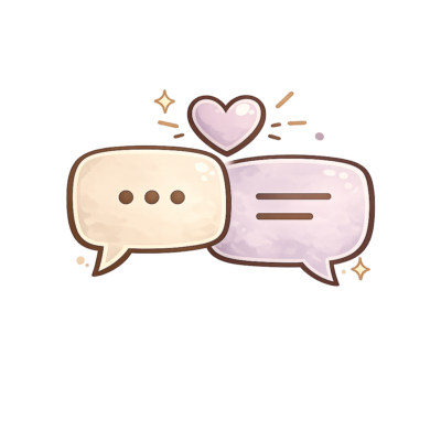Two overlapping speech bubbles with a heart above, softly glowing to symbolize friendly chat and affection.