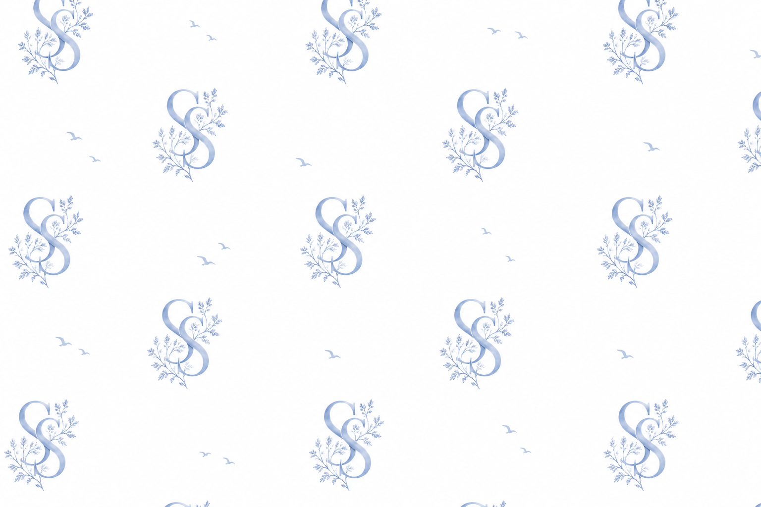 Repeating pale blue decorative S with botanical branches and small birds on white background.