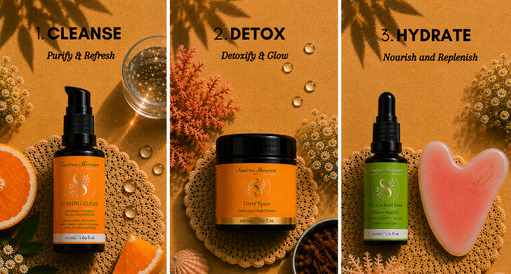 Three-panel skincare display: left panel labeled '1. CLEANSE' with an orange bottle; middle panel labeled '2. DETOX' featuring an orange jar; right panel labeled '3. HYDRATE' with a green bottle and a pink heart-shaped object.