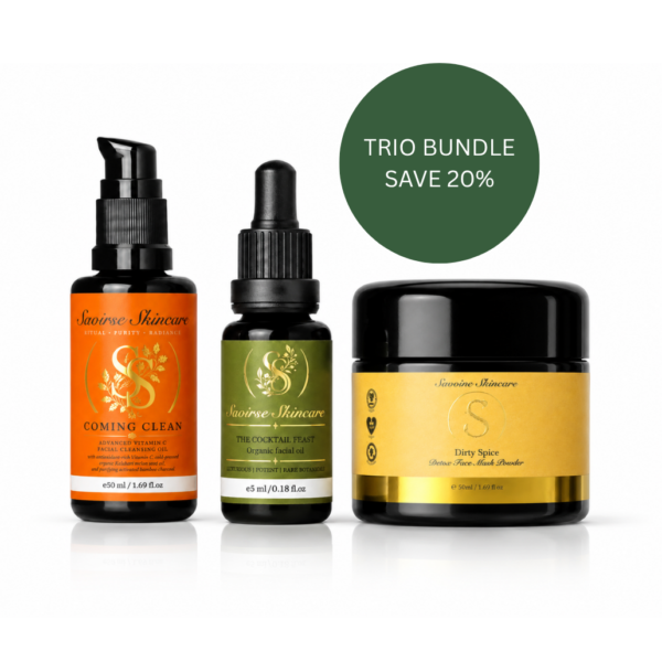 Trio skincare bundle: three dark bottles with orange, green labels and a gold jar; green circle shows 20% savings.