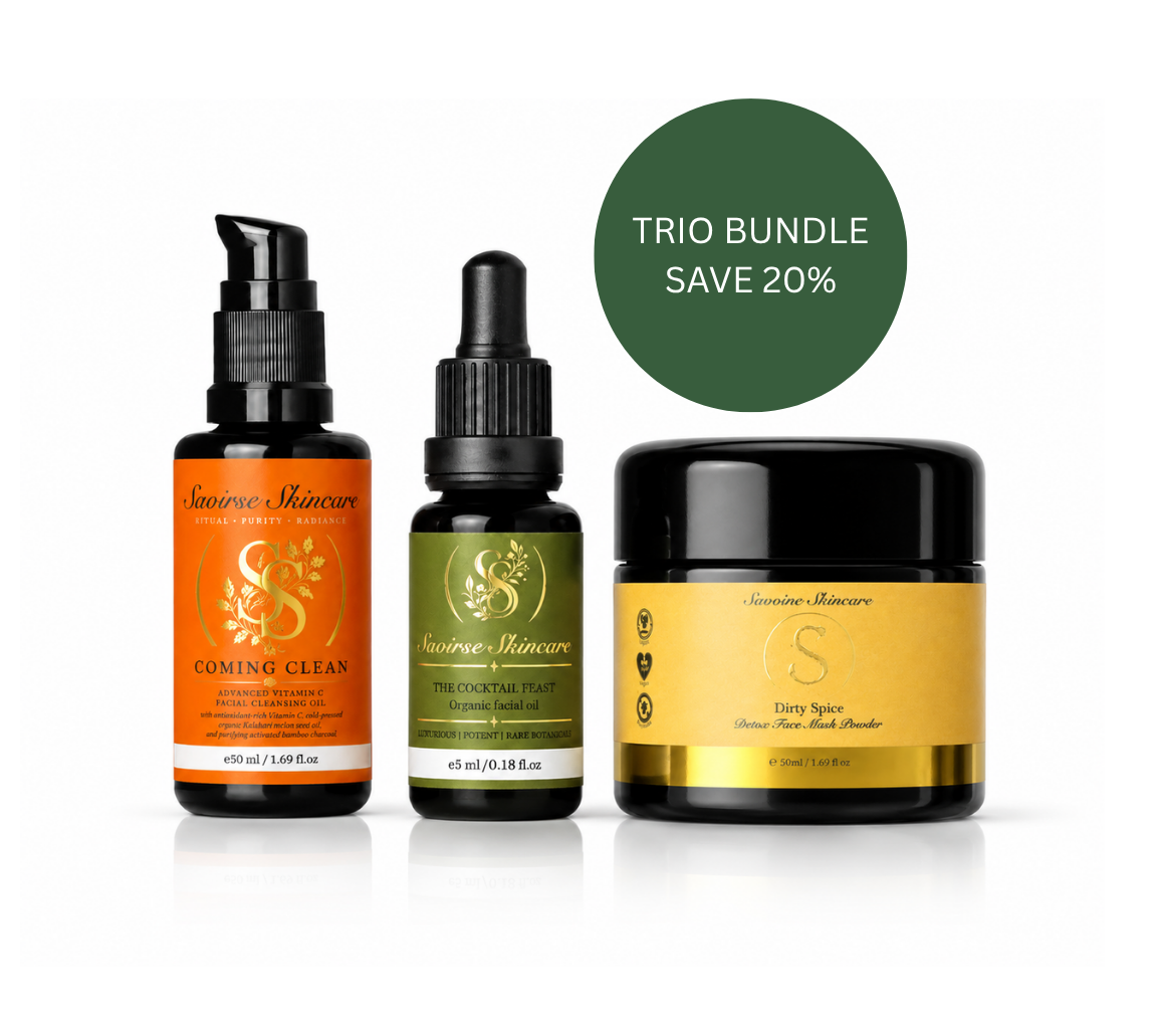 Trio skincare bundle: three dark bottles with orange, green labels and a gold jar; green circle shows 20% savings.