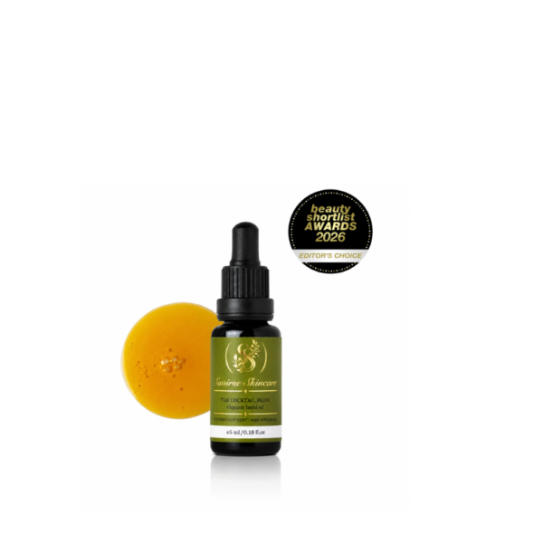 Dark glass dropper bottle of facial oil with a round yellow soap behind; features a Beauty Shortlist Awards 2026 Editor's Choice badge.