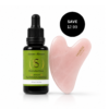 Facial oil bottle labeled 'The Cocktail Feast' beside a pink heart-shaped rose-quartz facial massager; black discount badge reads 'SAVE 12.99'.