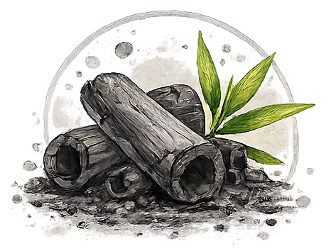 Illustration of charcoal sticks arranged in a small pile with a powdery backdrop and a sprig of green leaves on the right side.