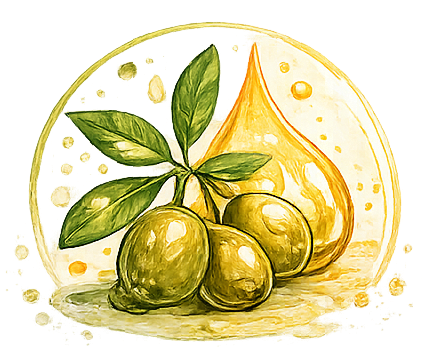 Watercolor still life of green olives with a lemon wedge and green leaves inside a gold circle.