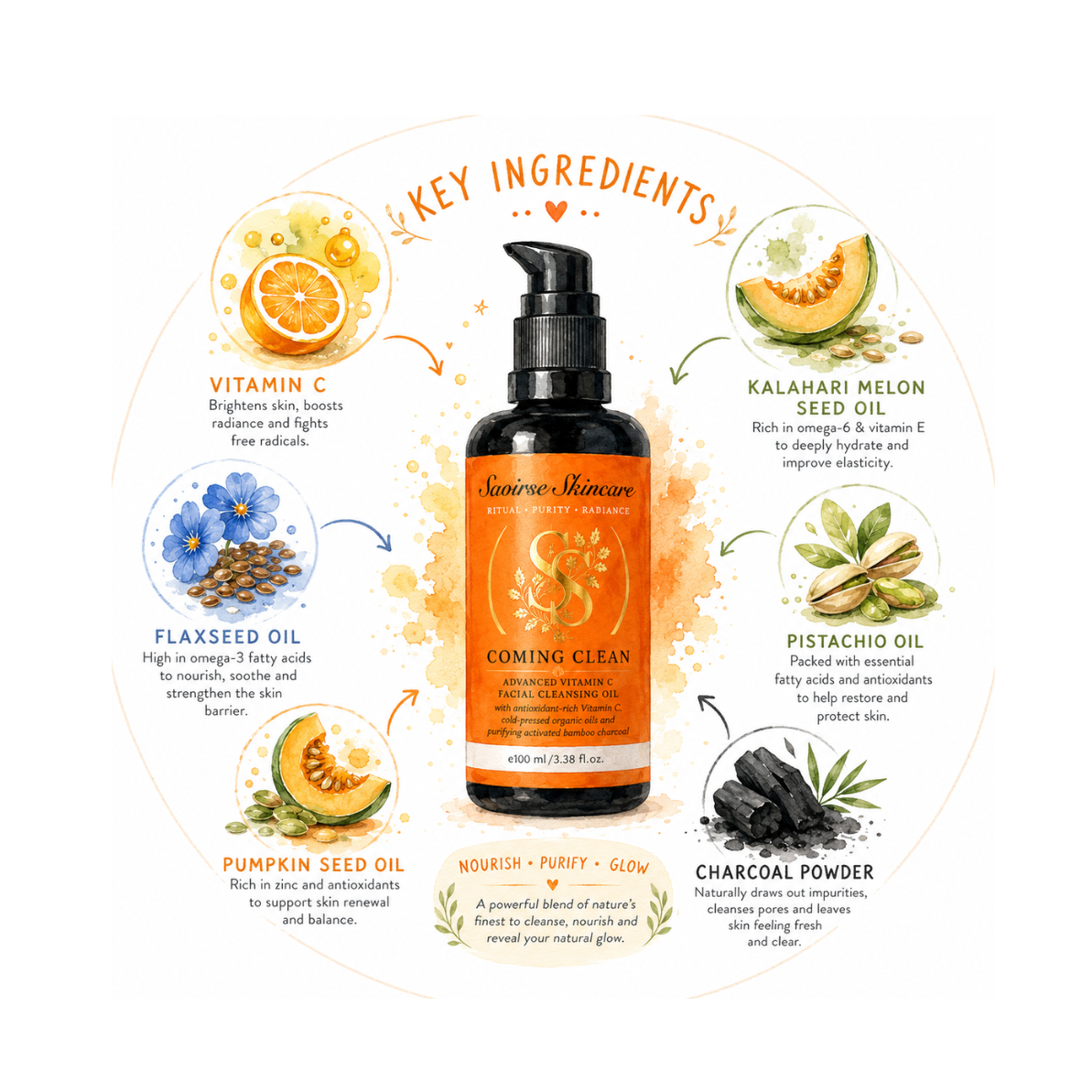 Infographic of a skincare oil bottle labeled 'Coming Clean' surrounded by key ingredients: Vitamin C, Flaxseed oil, Pumpkin seed oil, Kalahari melon seed oil, Pistachio oil, and charcoal powder with brief benefits.