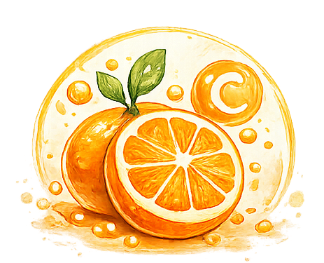 Watercolor illustration of two oranges, one halved to show segments, with leaves and orange juice splashes as a decorative background and droplets nearby.