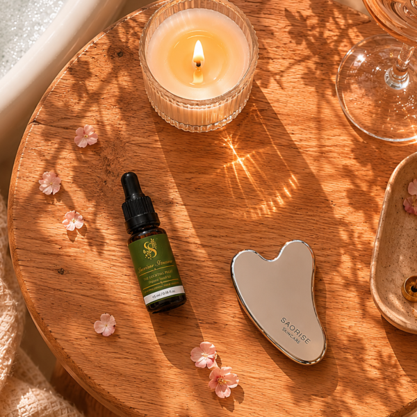 Skincare serum bottle with dropper on a round wooden table beside a lit candle, a heart-shaped mirror, glassware, and pink petals scattered around.