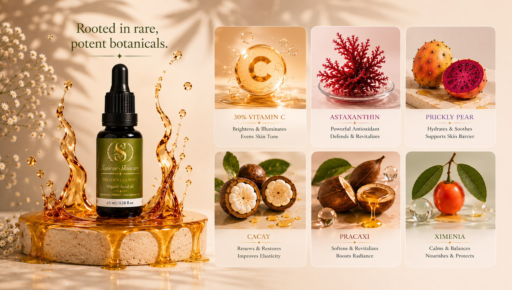 Hero shot of a dark facial oil bottle with a gold liquid splash; six rounded product cards on the right list ingredients like Vitamin C and Astaxanthin.