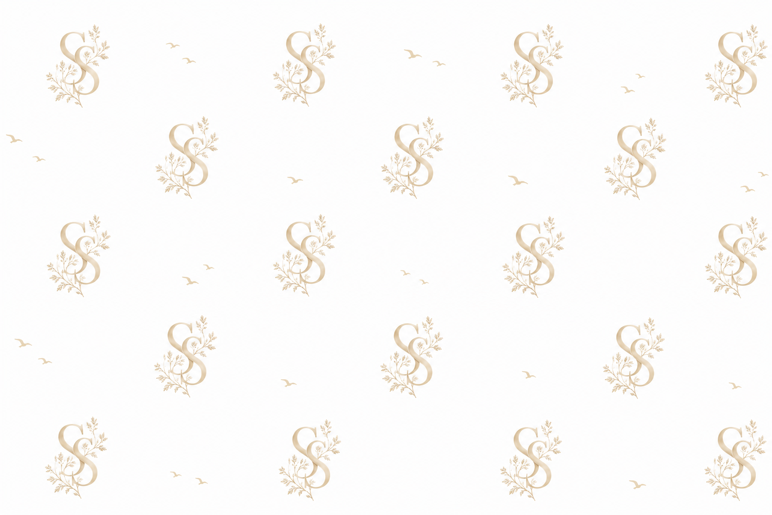 Decorative seamless pattern featuring a gold S monogram with floral branches and small birds on a white background, repeating across the image.