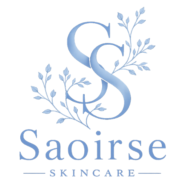 Saoirse Skincare logo with blue intertwined initials and leaf motifs in a decorative emblem