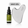 Promo image showing Saoirse Skincare facial oil and a metal gua sha tool with 'SAVE 15%'.